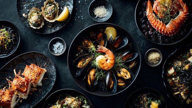 A dark editorial flat lay with seafood dishes clustered in one corner of a black background with strong negative space