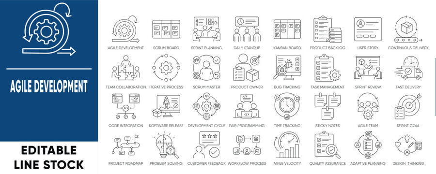 Agile Development and Scrum Methodology Line Icons Set