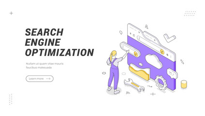 Fototapeta premium Search Engine Optimization isometric banner template. Vector illustration of digital marketing strategy, web analytics, and keyword research for a landing page or website promotion