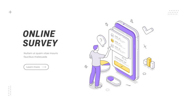 Online survey isometric banner template. Vector illustration of a customer feedback form and opinion poll. A concept for market research, data collection, and questionnaire analysis