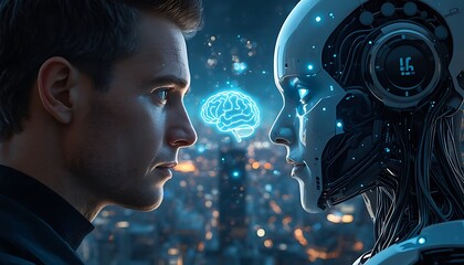 Fototapeta premium Epic Cinematic Portrait of Human Man and Advanced AI Robot Facing Each Other with Holographic Brain Between Them at Night City