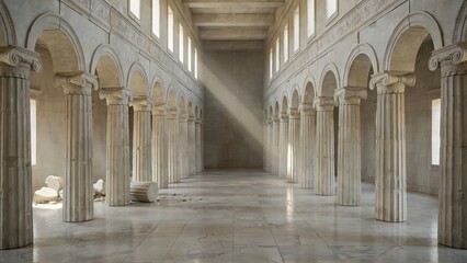 Fototapeta premium Grand Classical Hall with Tall Columns and Sunlight Streaming Through Windows