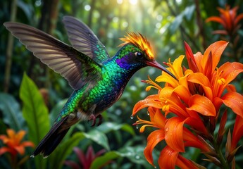 Obraz premium Vibrant hummingbird with iridescent feathers hovers near a bright orange flower in a lush tropical jungle setting.