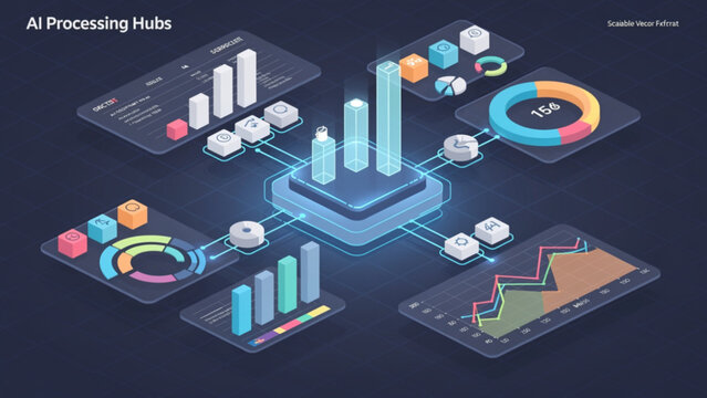 Digital data analytics dashboards with colorful charts graphs and icons for business insights and technology interface