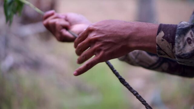 A person in camouflage attire using both hands to clean and remove sticky glue residue from a small tree branch.
