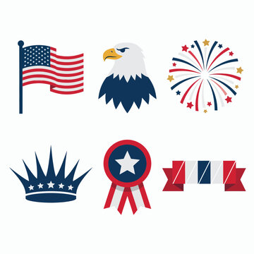 Set of six colorful patriotic symbols including flags, eagle, fireworks, and peace sign american flag