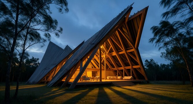 Modern wooden lodge with dramatic triangular architecture illuminated at dusk, surrounded by trees in a serene natural setting.