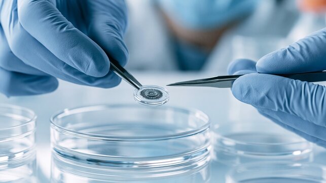 Medium shot of a female engineer wearing antistatic gloves carefully adjusting a MEMS gyroscope with precision tweezers in a spotless electronics lab under crisp highkey lighting.