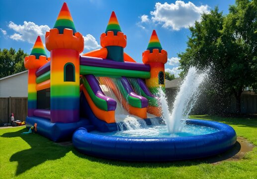 Rainbow inflatable castle with water slide and splash pool on a sunny backyard lawn
