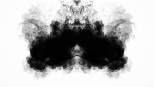 An abstract, slow-motion video showing black ink expanding symmetrically in water against a clean white background. creating beautiful fluid textures and organic, Rorschach-like patterns