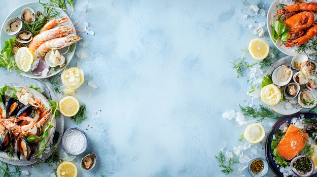 A pastel blue background with seafood tapas placed sparsely along the bottom edge leaving top area empty