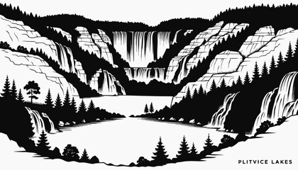 Very beautiful black-and-white engraved vector illustration featuring Plitvice Lakes with cascading waterfalls, calm lakes, forest surroundings, and simple natural scenery in monochrome engraving styl © williamnoah