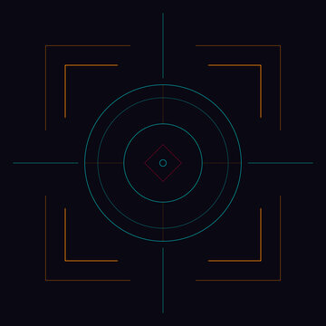 Futuristic digital head up display interface featuring a glowing precision targeting reticle on dark background