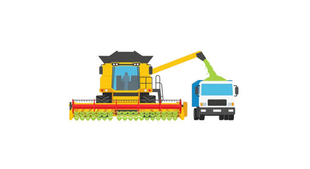Obraz premium Combine harvester loading crops into a truck, agricultural machinery, farm equipment illustration