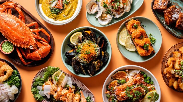 A vibrant composition with seafood dishes scattered lightly on a pastel orange background leaving center clear