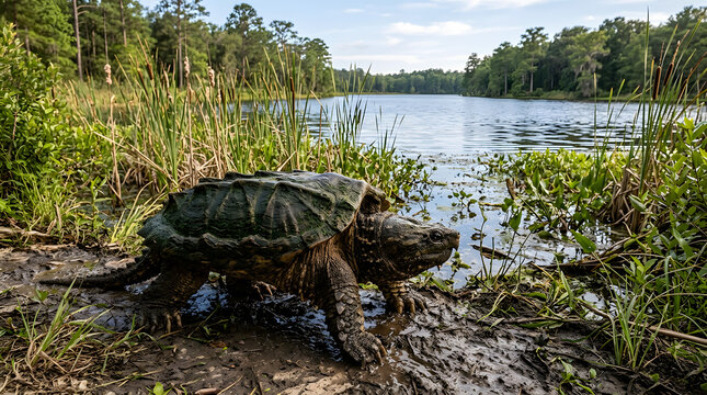 Alligator snapping turtle on the muddy bank of a lake