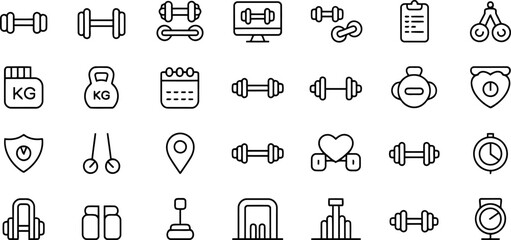 Fototapeta premium Assortment of thin line featuring gym equipment, transportation and health symbols on a white background