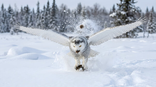 Snowy owl taking flight from snow with prey