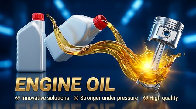 High performance engine oil advertisement showcasing dynamic pouring splash, piston, and bottle for automotive lubricant product marketing.