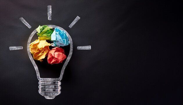 great idea concept with crumpled colorful paper and light bulb on black background