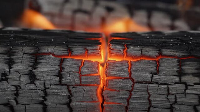 Burning wood log with glowing embers and orange flames