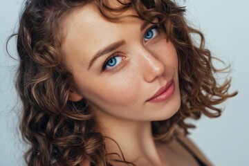 Naklejka premium Young woman with curly hair looking at camera in portrait