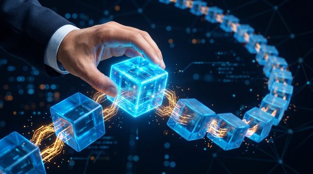 Blockchain technology driving secure digital transformation, human hand building innovative enterprise data solutions for future business progress.