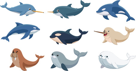 Cute Arctic Marine Life Vector Icon Set with Whales Orcas Narwhal Walrus and Seals for Children Ocean Conservation and Education Designs © Rafika