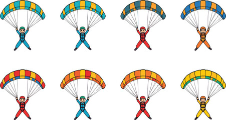 Cartoon Parachutist Skydiver Vector Icon Set with Colorful Paragliding Canopies for Extreme Sports Adventure Theme and Flight Graphic Designs © Rafika