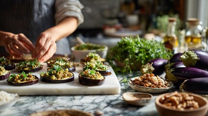 Obraz premium A clean commercial shot of an eggplant mezze plate isolated on a white background with crisp shadows and copy space