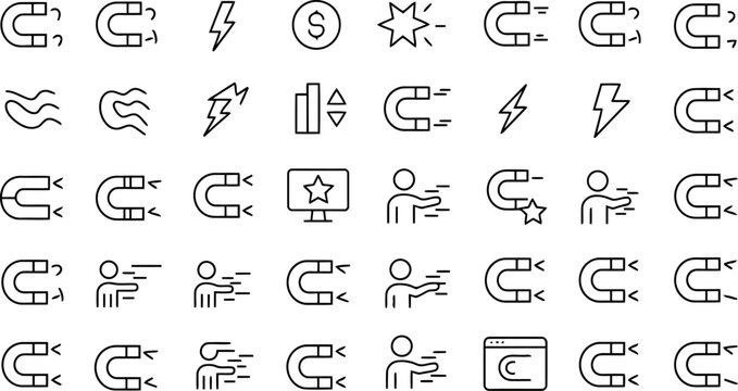 Collection of Magnetism Electricity Money and Human Interaction in Outline Style horseshoe magnet