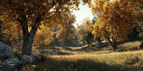 Fototapeta premium Beautiful Autumn Landscape with Vibrant Yellow Trees and Sunny Sky