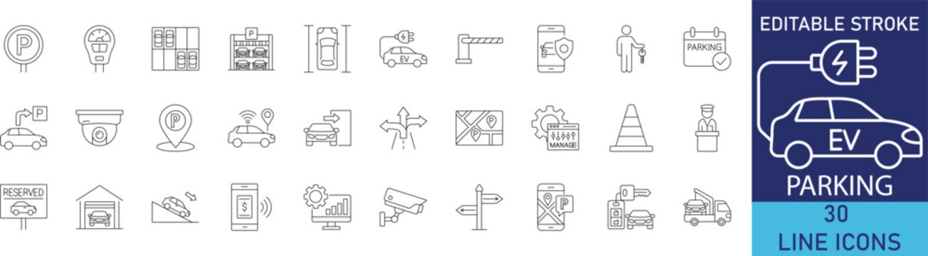 Parking zone and vehicle garage location line icon set. Vector symbols for car park navigation, traffic signs, valet service, paid parking meter, and reserved slots.