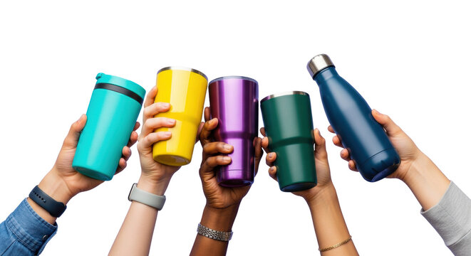 diverse hands raising turquoise, yellow, purple, green insulated drinkware in a unified, celebratory toast on pastel lavender background with copy space. concept of cultural diversity and celebration