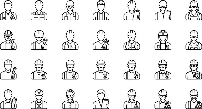 Comprehensive set of outline representing various construction and industrial worker professions 