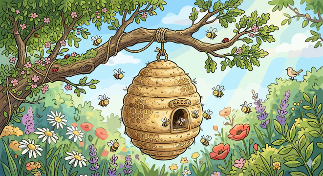 Charming cartoon beehive hangs from a tree branch surrounded by flowers and buzzing bees