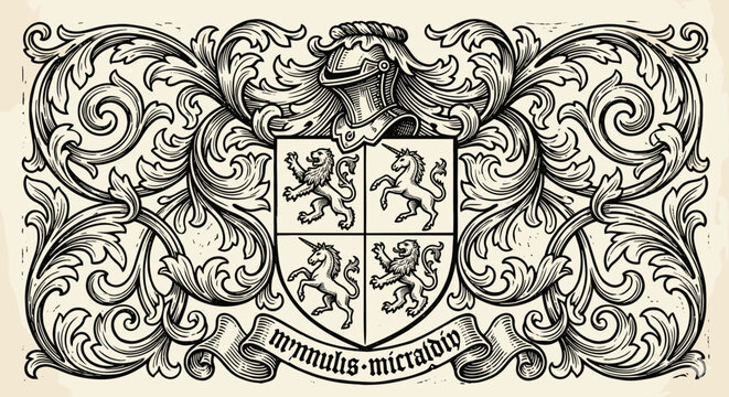 Ornate heraldic crest with lions and unicorns surrounded by decorative scrollwork