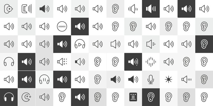 Extensive collection of black line representing sound volume, audio controls, and ears  sound, volume