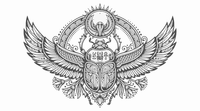 Egyptian scarab beetle with wings and sun disc symbol, ornate black and white line art illustration