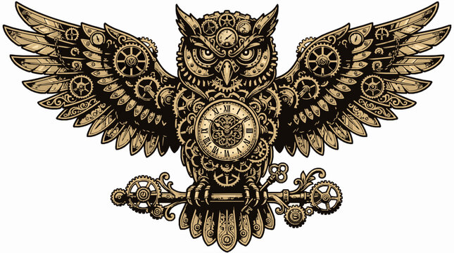 Steampunk mechanical owl with clockwork gears and wings spread