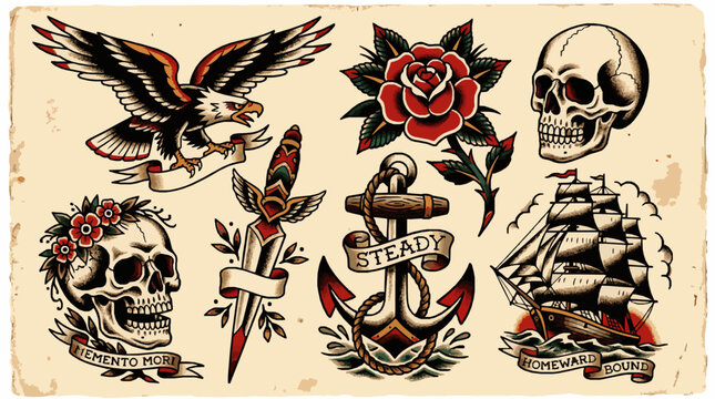 Traditional old school tattoo flash set with eagle, rose, skull, dagger, anchor and ship