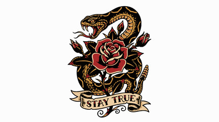 Obraz premium Traditional tattoo style illustration of a rattlesnake coiled around a red rose with a banner reading stay true