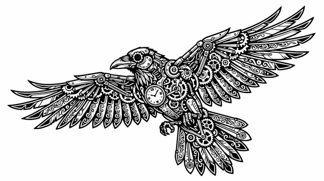Steampunk mechanical raven bird illustration