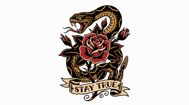 Traditional tattoo style illustration of a rattlesnake coiled around a red rose with a banner reading stay true