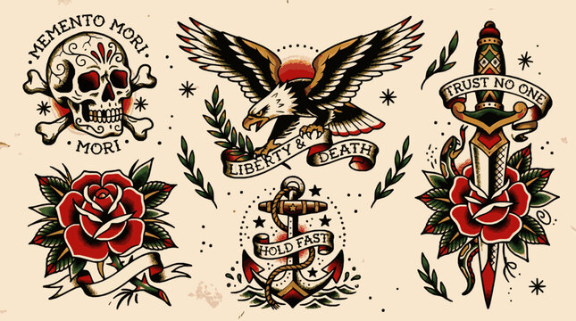 Set of traditional american tattoo flash designs including skull, eagle, rose, anchor, and dagger