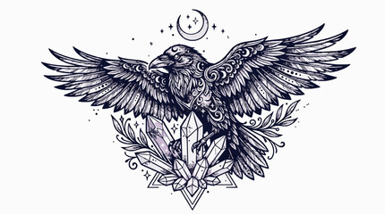 Fototapeta premium Mystical raven bird with crystals and crescent moon