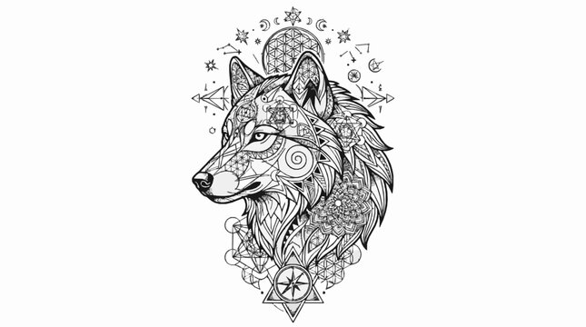 Geometric wolf head tattoo design with sacred geometry elements
