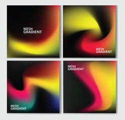 Fototapeta premium set of four square dark-themed poster templates featuring bold mesh gradient blends of red, yellow, pink, and black. Fluid swirling color waves ideal for social media, branding, covers, and digital m