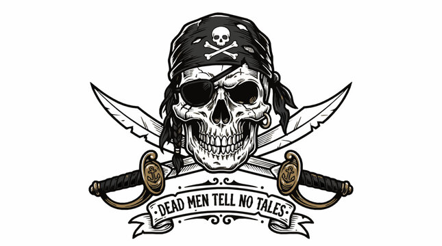 Pirate skull with bandana, eye patch and crossed swords