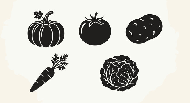 Collection of five common vegetables in a simple, clean silhouette style